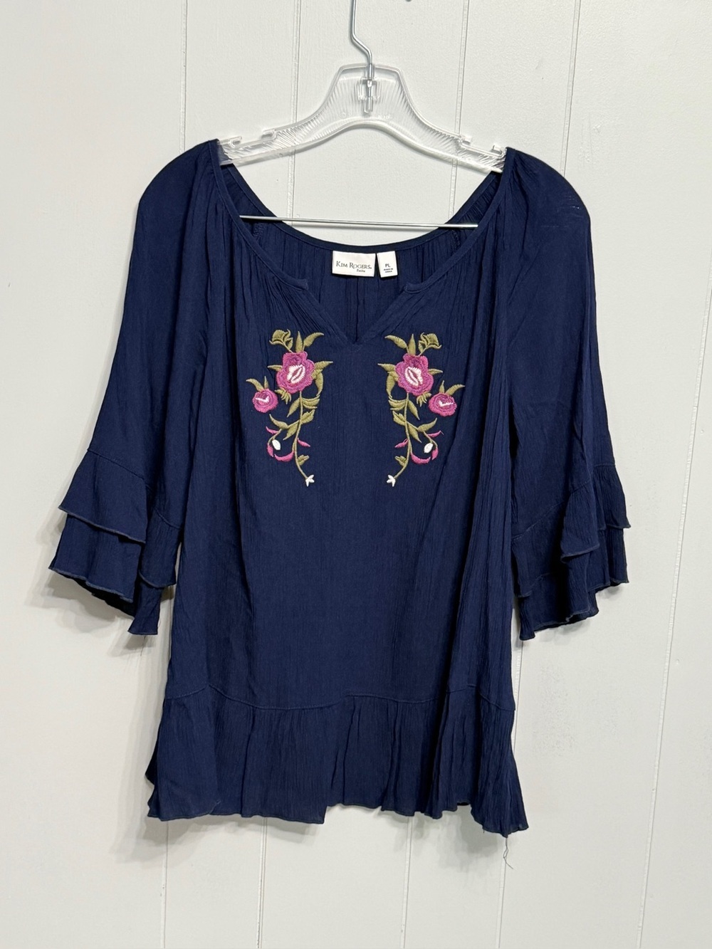 #5)  NWOT Kim Rogers Navy Floral Embroidered Tiered-Sleeve Tunic